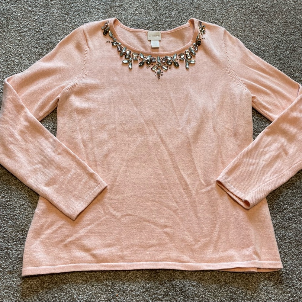 Chico’s Long Sleeve Pink Sparkly Bejeweled Neck Sweater Size 1
